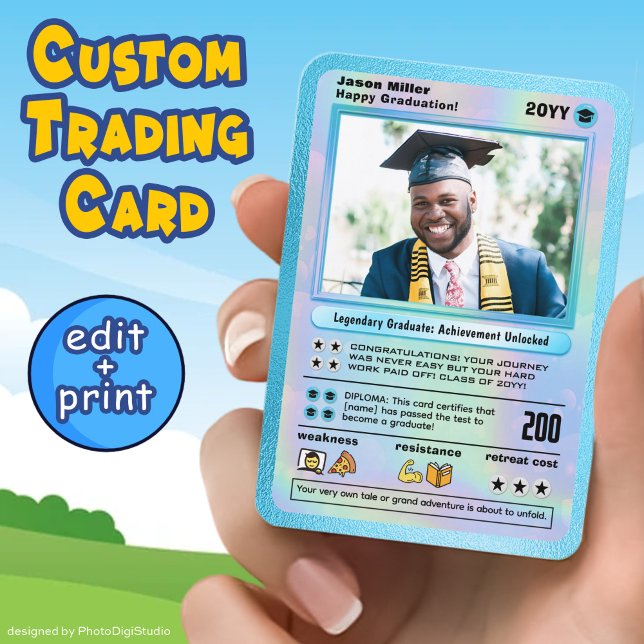 Tarjeta de graduación personalizada (Personalized Graduation Card, Editable Graduate Trading Card Template and Print, Custom Cartoon Card)