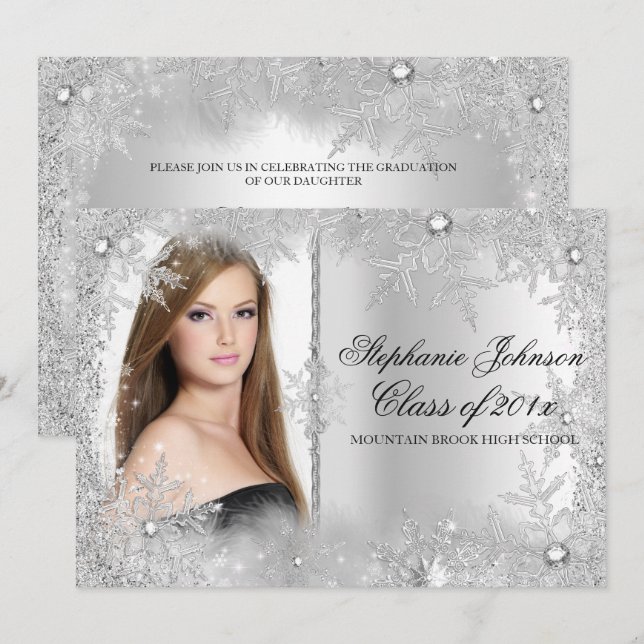 Tarjeta de graduación Silver Snowflake Winter Wond (Anverso / Reverso)