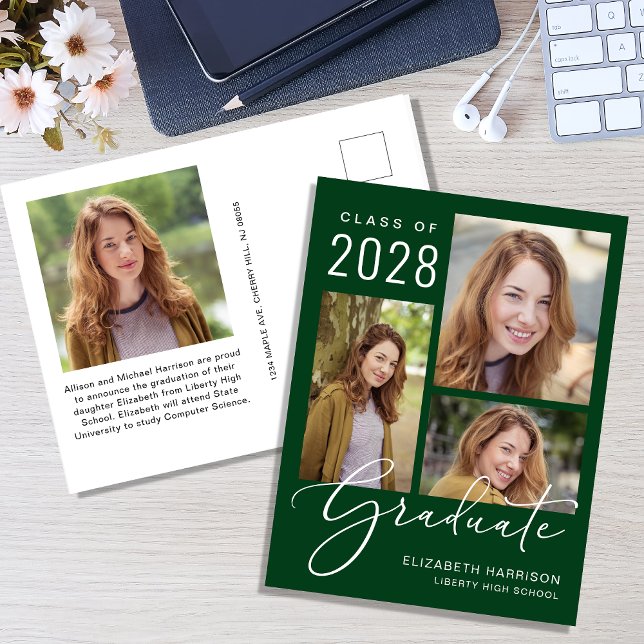 Tarjeta de graduación verde moderna de 4 fotos (An elegant photo collage graduation announcement to celebrate the graduate's achievements)