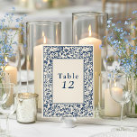 Tarjeta de gráfica de mesa azul floral Delfware<br><div class="desc">Este elegante diseño de número de mesa de asiento presenta la misma paleta de color azul y crema intemporal con un marco floral vintage, creando un aspecto cohesivo que complementa el tema boda. Cada número de mesa se muestra de forma destacada en la fontsnsi clásica para los asientos más sencillos....</div>