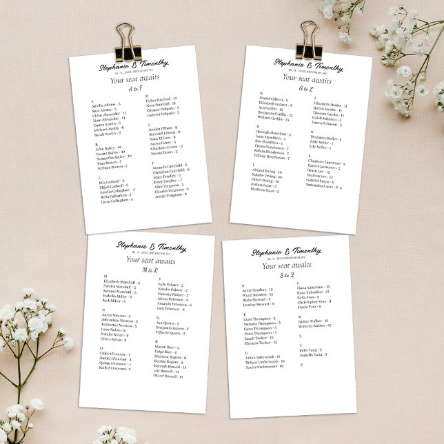 Tarjeta de gráfico de asientos de Boda alfabético  (Convenient and organized wedding seating chart with alphabetical name arrangement.)