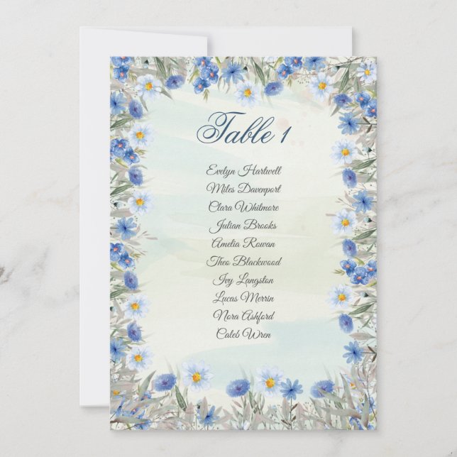 Tarjeta de gráfico de asientos de boda floral azul (Anverso)