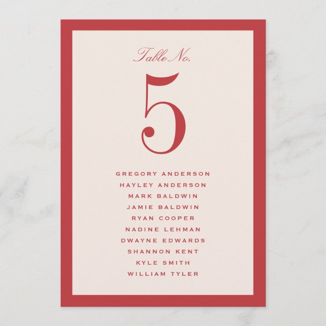 Tarjeta de gráfico de asientos de mesa de boda roj (Anverso)