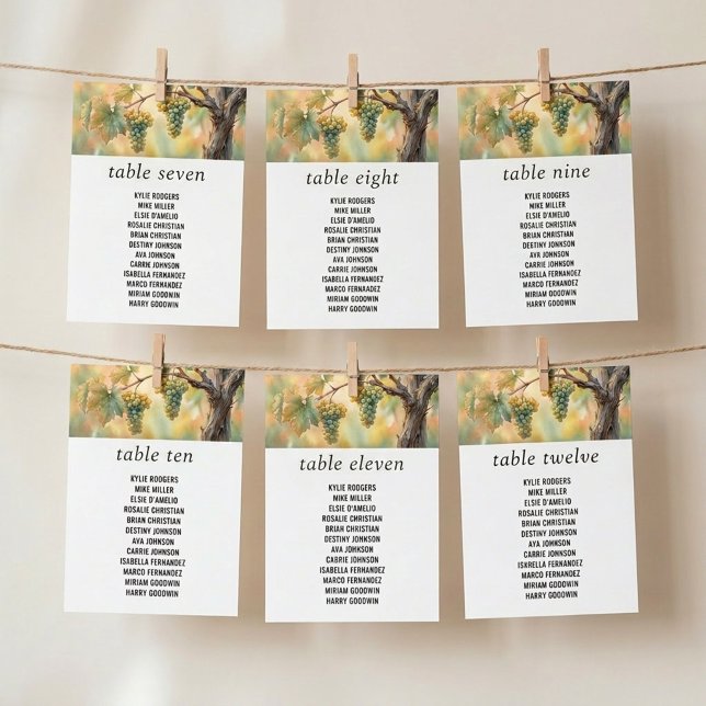 Tarjeta de gráfico de asientos de uvas rústicas de (Seating Chart Cards from the Sunset Vineyard wedding collection by Darling & May)