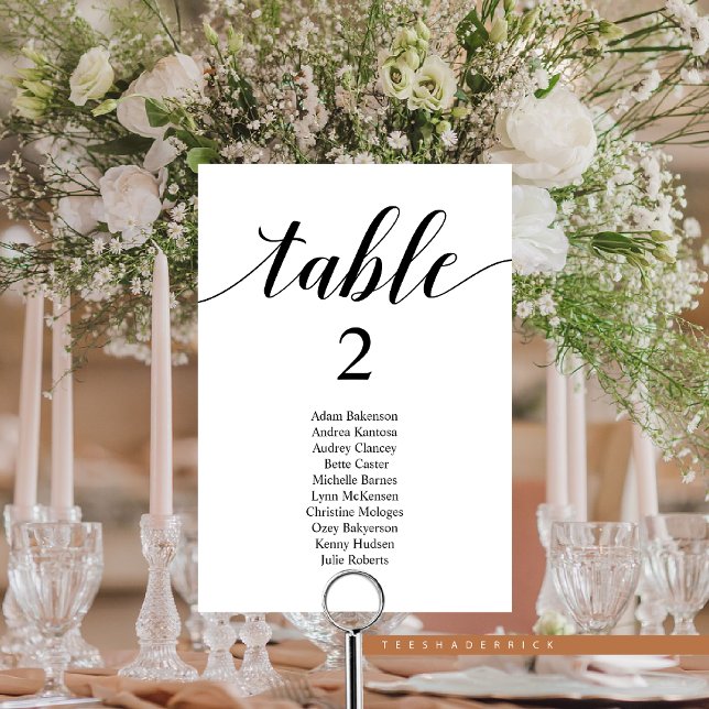 Tarjeta de gráfico de asientos modernos para la ce (Wedding Dinner Modern Guest Seating Chart Card, with Table Number and Guest Names.)