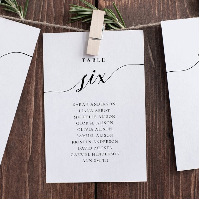 Tarjeta de gráfico de asientos número seis de tabl (Table number wording Six. Hanging seating chart)