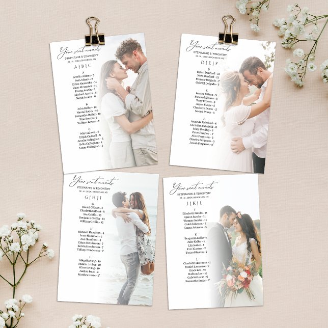 Tarjeta de gráfico de asientos para Bodas alfabéti (Convenient and organized wedding seating chart with alphabetical name arrangement.)