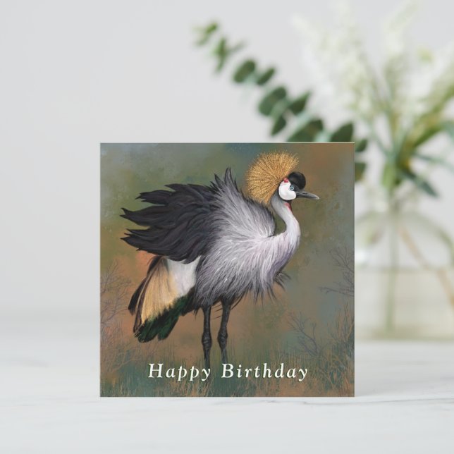Tarjeta de Grulla Coronada Gris Feliz Cumpleaños (Anverso de pie)