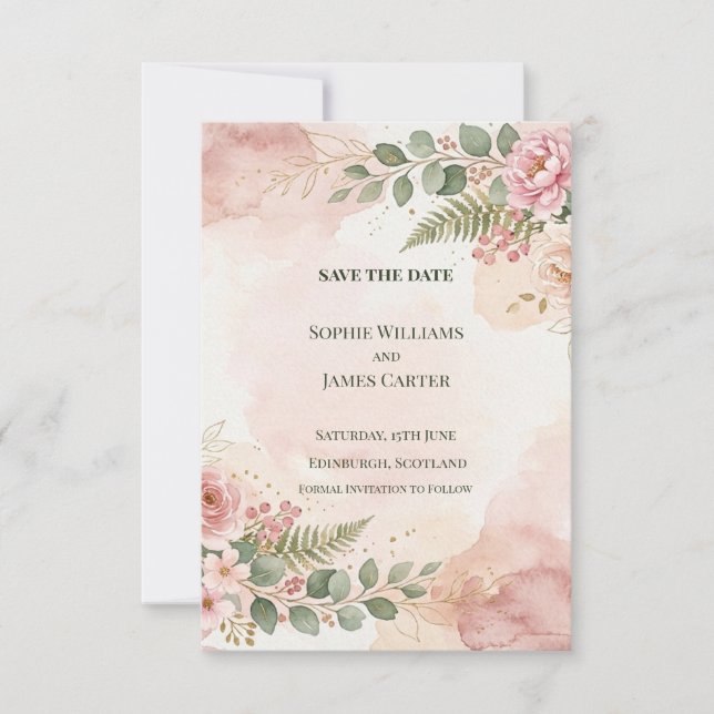 Tarjeta de Guarda la Fecha con Verde Blush (Anverso)