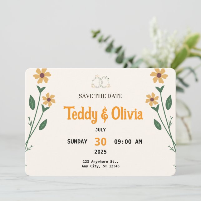 Tarjeta de Guarda la Fecha de Boda de Flor Silvest (Anverso de pie)
