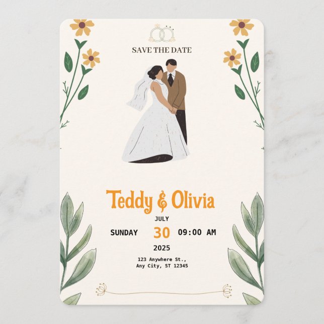 Tarjeta de Guarda la Fecha de Boda de Flor Silvest (Anverso)