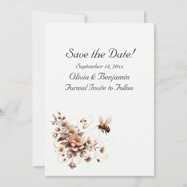 Tarjeta de Guarda la Fecha Elegante Abeja y Floral (Anverso)