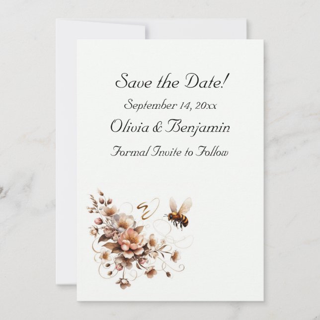 Tarjeta de Guarda la Fecha Elegante Abeja y Floral (Anverso)