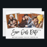 Tarjeta de guardar fecha con foto de secuencia de<br><div class="desc">Tarjeta de anuncio de compromiso de guardar fecha de pareja de madera rústica con secuencia de pincel moderna y 3 fotos</div>