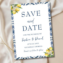 Tarjeta de Guardar Fecha de Boda con Azulejo Azul