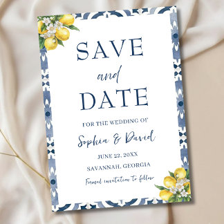 Tarjeta de Guardar Fecha de Boda con Azulejo Azul 