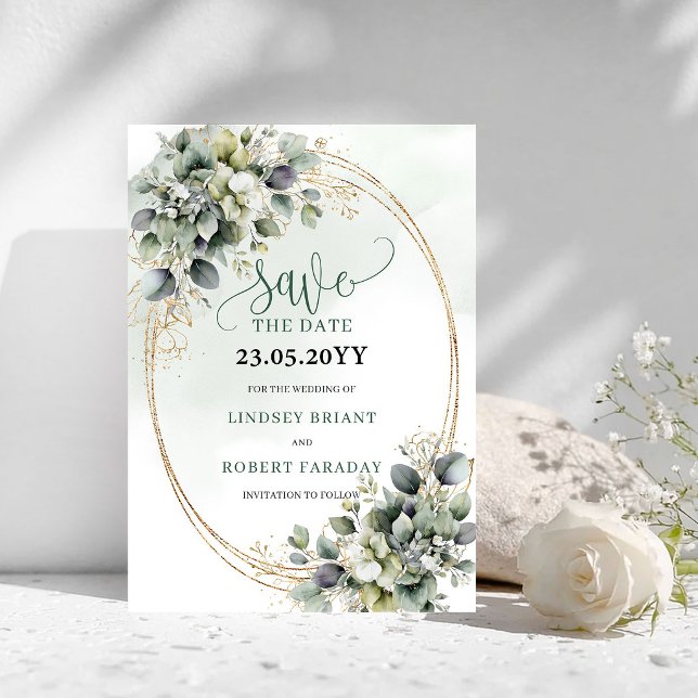 Tarjeta de Guardar la Fecha Bohemio Moderna Verde  (Modern Boho Green and White Save The Date Card)