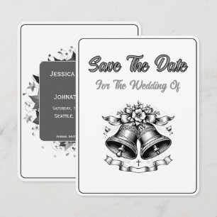 Tarjeta de guardar la fecha campanas de boda monoc