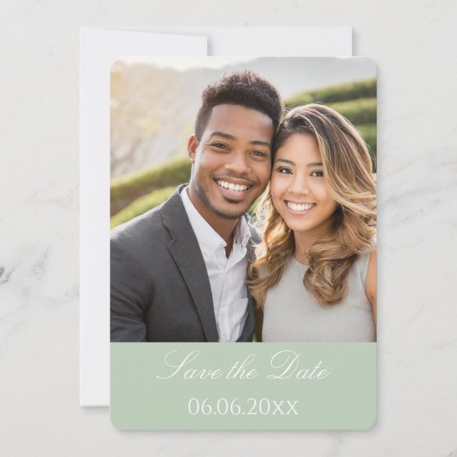 Tarjeta de Guardar la Fecha con Foto Verde Suave (Anverso)
