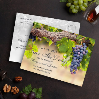 Tarjeta de guardar la fecha con uvas en las vides