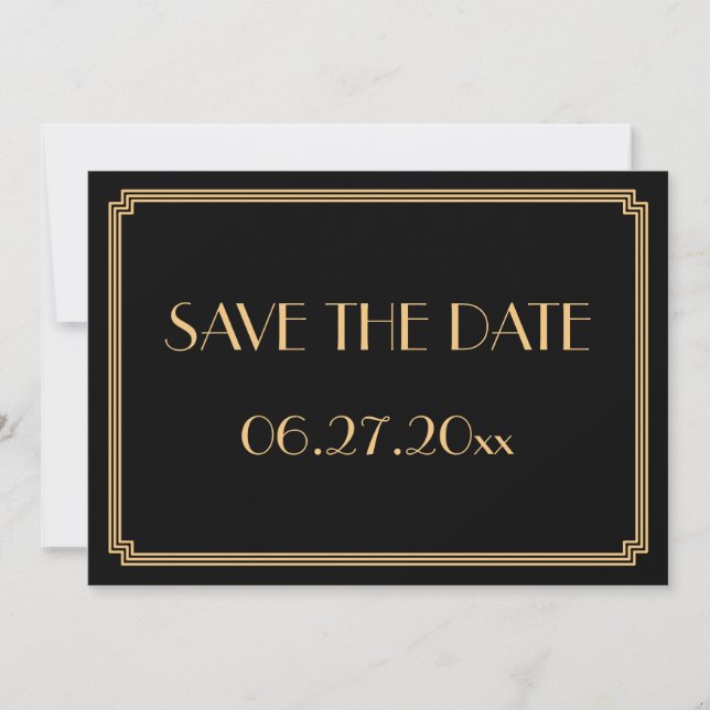 Tarjeta de guardar la fecha de boda Art Deco negra (Anverso)