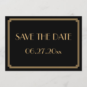Tarjeta de guardar la fecha de boda Art Deco negra