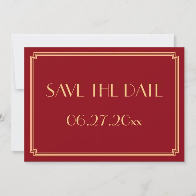 Tarjeta de guardar la fecha de boda Art Deco roja  (Anverso)