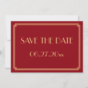 Tarjeta de guardar la fecha de boda Art Deco Roja