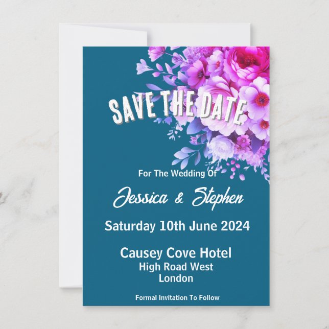 Tarjeta de guardar la fecha de boda azul (Anverso)