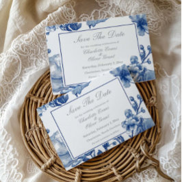 Tarjeta de guardar la fecha de boda azul marino y 