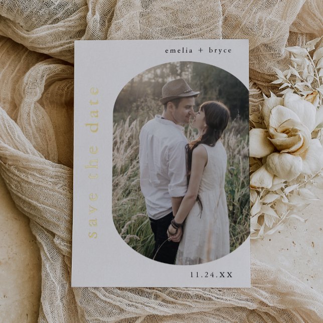 Tarjeta de guardar la fecha de boda boho moderna c (EMELIA Gold Foil Boho Modern Wedding Save the Date Foil Invitation)
