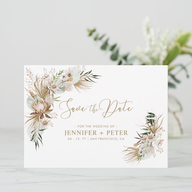 Tarjeta de guardar la fecha de boda boho verde y d (Anverso de pie)