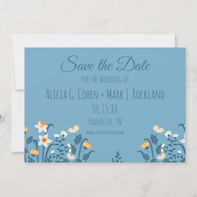 Tarjeta de guardar la fecha de boda con flores azu (Anverso)
