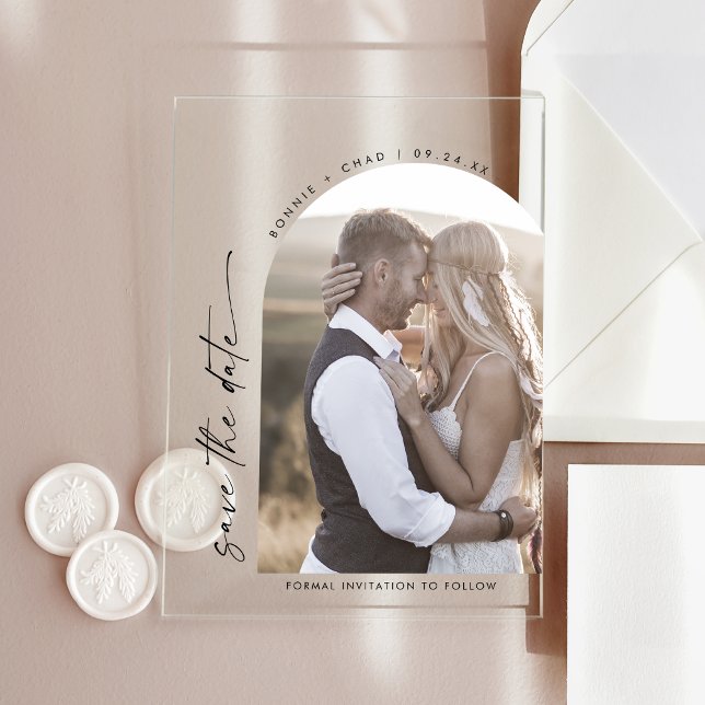 Tarjeta de guardar la fecha de boda con foto de ar (Modern Script Arch Photo Wedding Save the Date Acrylic Invitations)