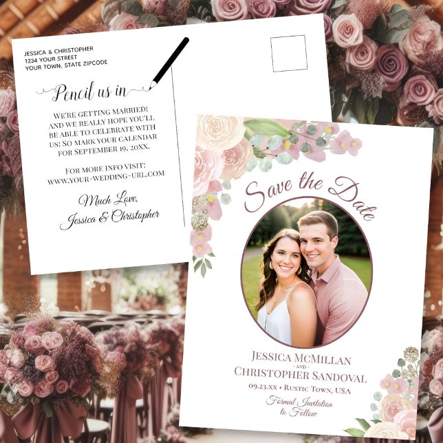 Tarjeta de guardar la fecha de boda con foto flora (Front/Back)