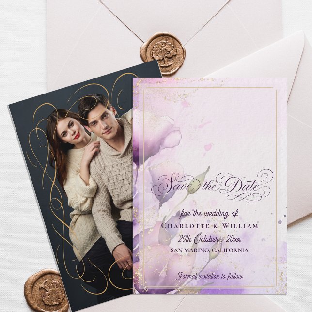 Tarjeta de Guardar la Fecha de Boda con Foto Flora (Gold Lavender Floral Photo Wedding Save the Date Invitation)