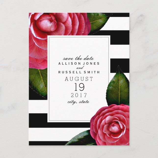 Tarjeta de guardar la fecha de boda con rosas rosa (Anverso)