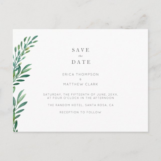 Tarjeta de guardar la fecha de boda con vegetación (Anverso)