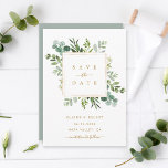 Tarjeta de guardar la fecha de boda con verde botá<br><div class="desc">Esta invitación de guardar la fecha de boda cuenta con vegetación de eucalipto pintada con acuarela,  hojas verdes y un marco cuadrado dorado. Para una personalización más avanzada de este diseño,  haga clic en el enlace "Personalizar más". También están disponibles artículos coincidentes.</div>