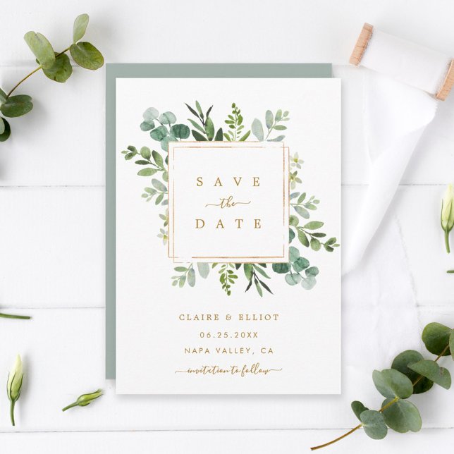 Tarjeta de guardar la fecha de boda con verde botá (Subido por el creador)