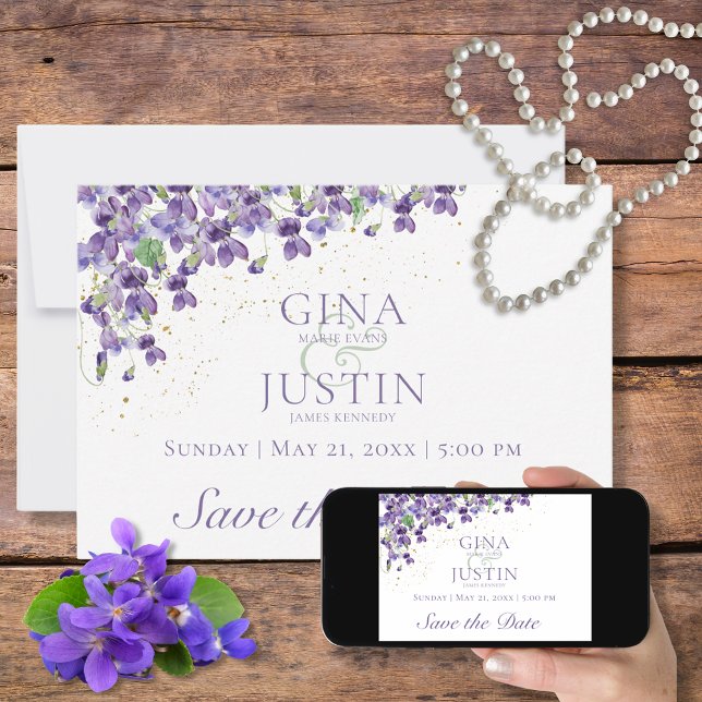 Tarjeta de guardar la fecha de boda con violetas e (Subido por el creador)