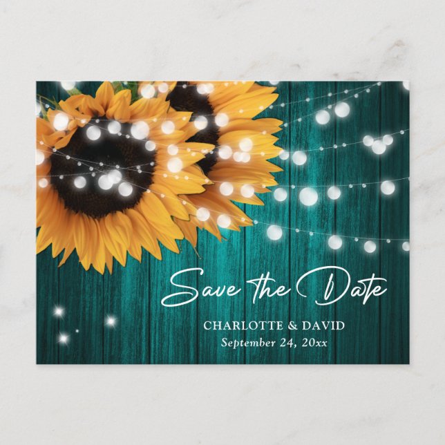 Tarjeta de guardar la fecha de boda de girasol azu (Anverso)
