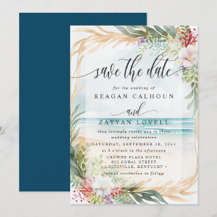 Tarjeta de guardar la fecha de boda de playa con a