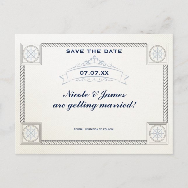 Tarjeta de guardar la fecha de boda de playa náuti (Anverso)