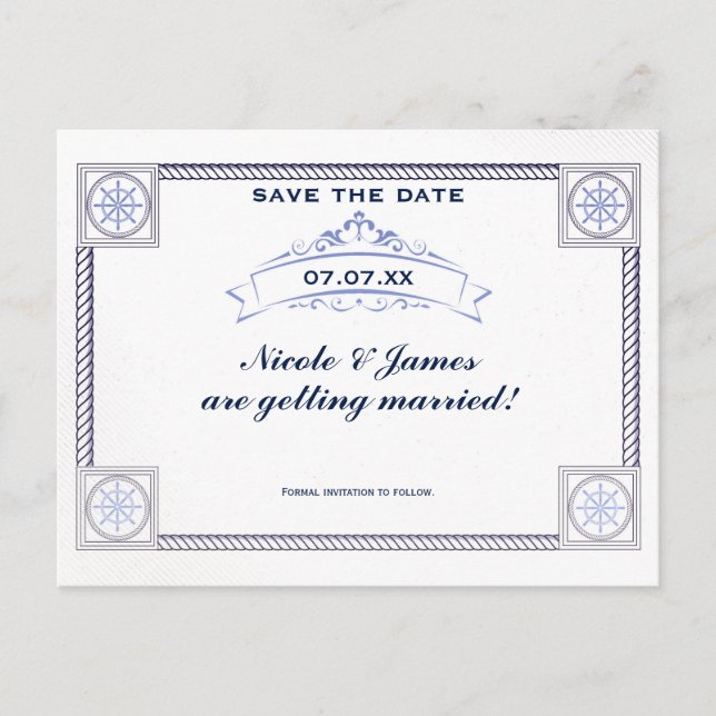 Tarjeta de guardar la fecha de boda de playa náuti (Anverso)