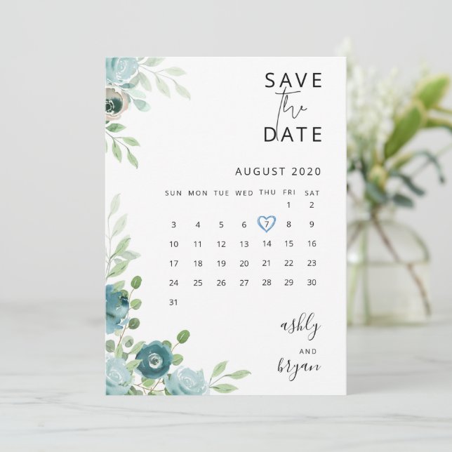 Tarjeta de guardar la fecha de boda floral azul po (Anverso de pie)