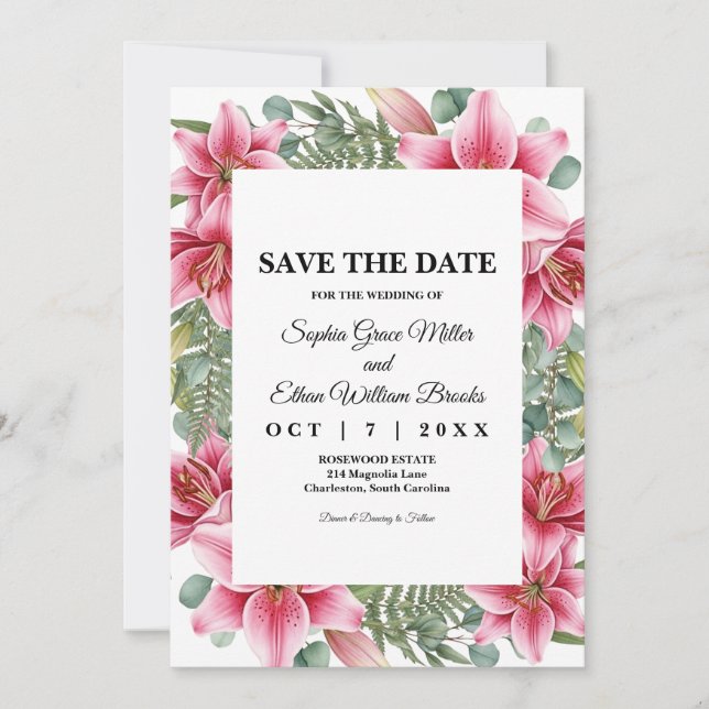 Tarjeta de Guardar la Fecha de Boda Floral de Liri (Anverso)