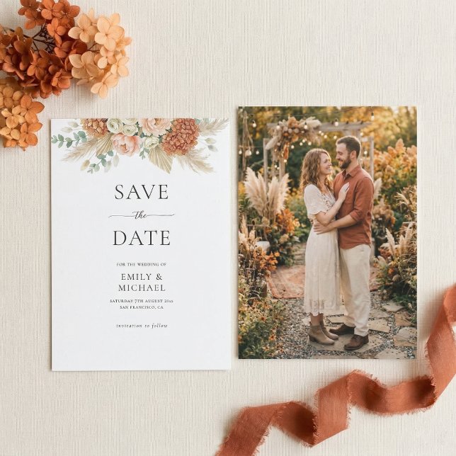 Tarjeta de guardar la fecha de boda floral de terr (Subido por el creador)