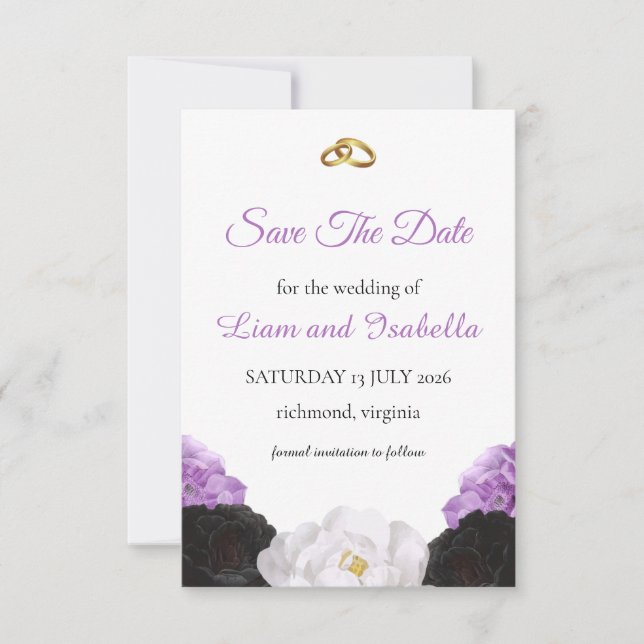 Tarjeta de guardar la fecha de boda floral lavanda (Anverso)