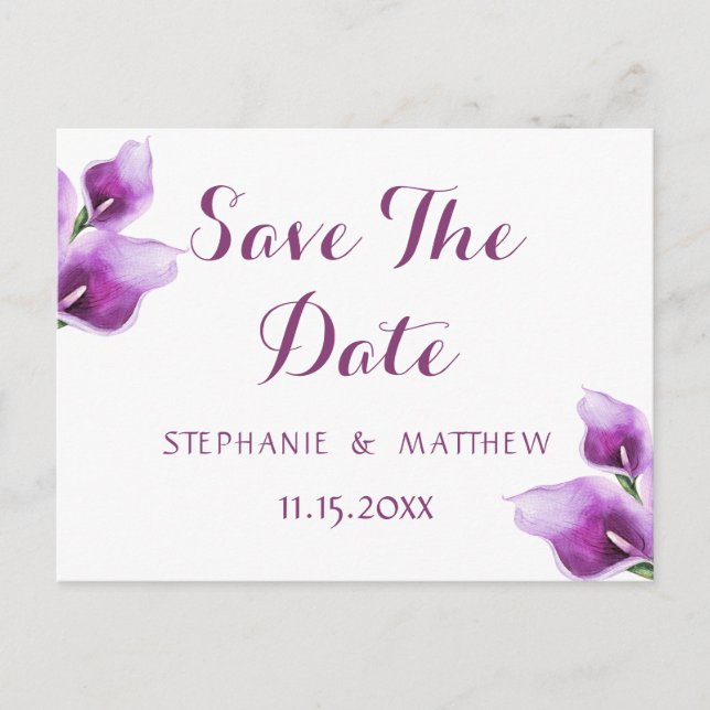 Tarjeta de Guardar la Fecha de Boda Floral Púrpura (Anverso)